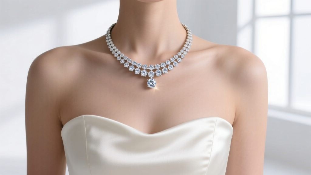 16-inch diamond tennis necklace resting on the collarbone above a white satin strapless bridal bodice in bright natural light