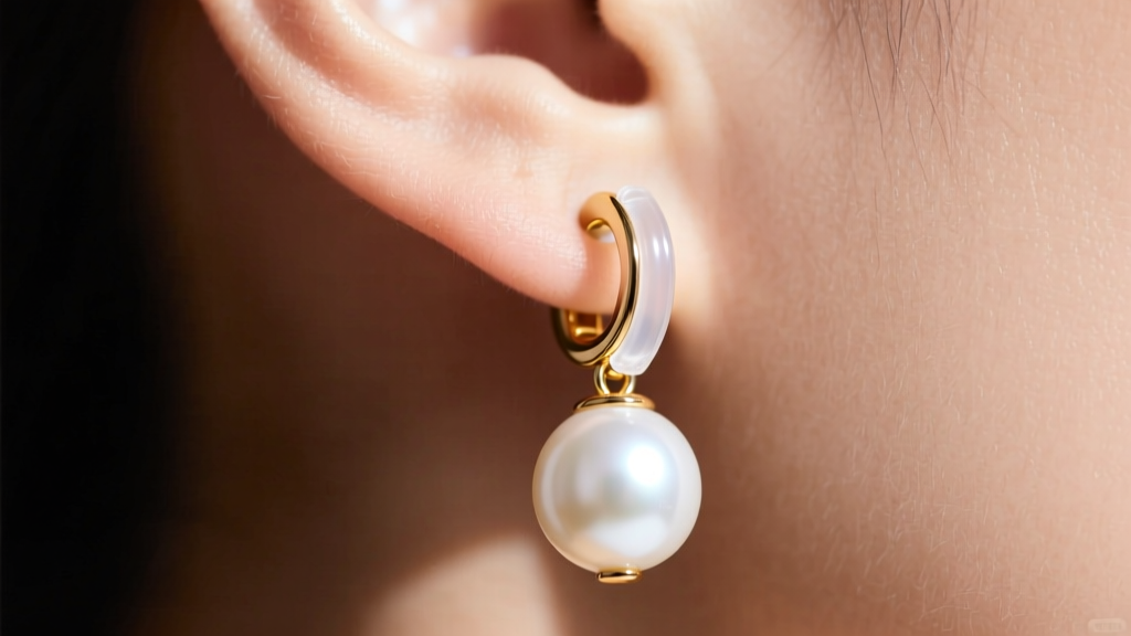 Close-up of a heavy pearl drop earring secured on a lobe using a clear silicone back and a thick gold leverback wire for support
