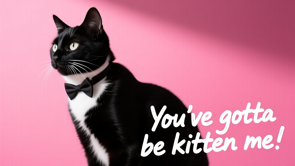 A black and white cat looking to the left against a bright pink background. Text reads: You've gotta be kitten me!