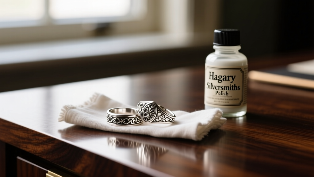 Vintage silver rings polished with a cloth and Hagerty Silversmiths Polish, showing restored shine on a dark wood desk surface.