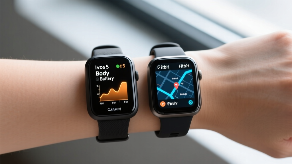 Wrist shot displaying the Garmin Vivosmart 5 Body Battery metric compared to the Fitbit Charge 6 GPS tracking map interface