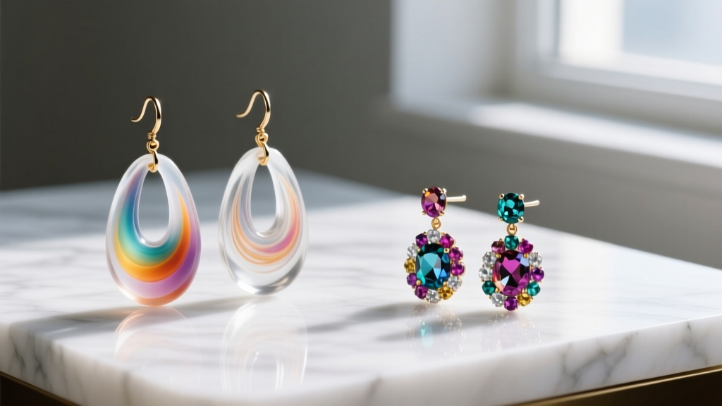 Side-by-side view of oversized lightweight resin dangle bead earrings and smaller dense gemstone dangles resting on white marble