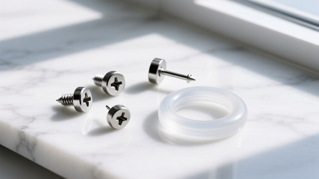 Titanium screw-backs and clear silicone O-rings arranged next to an 18-gauge earring post on a white marble surface, top view.