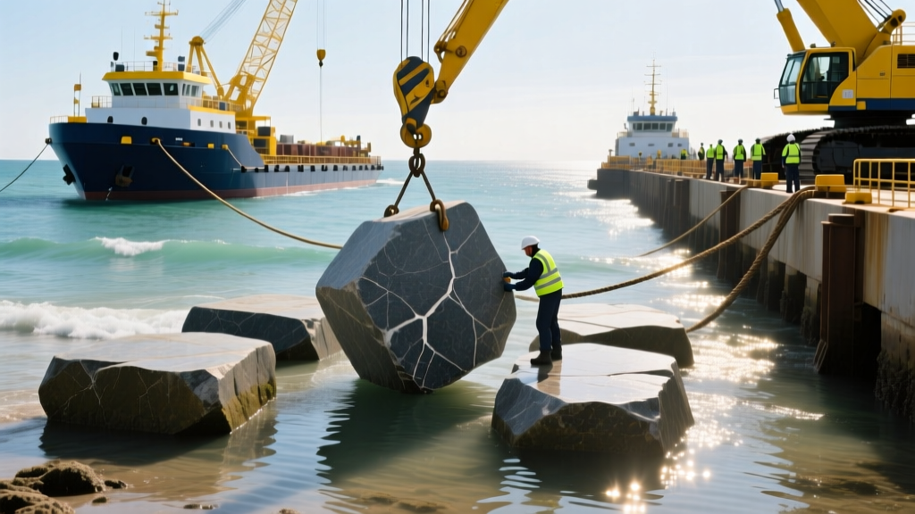Crane placing massive granite armor stones into the ocean to form a coastal jetty during low tide with construction barges nearby