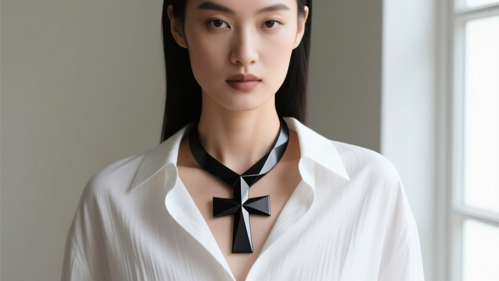 Model wearing an oversized matte black titanium cross necklace resting at the lower sternum over a crisp white linen shirt.