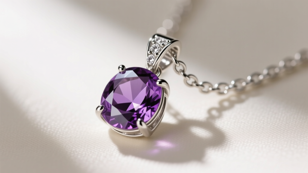 Macro shot of a sterling silver box chain and prong-set amethyst pendant, showing rhodium plating and natural gemstone inclusions