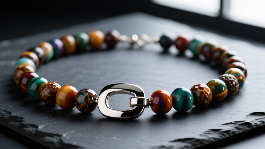 Heavy chunky beaded necklace laid flat on dark slate, showing a large neodymium magnetic clasp encased in brushed stainless steel.