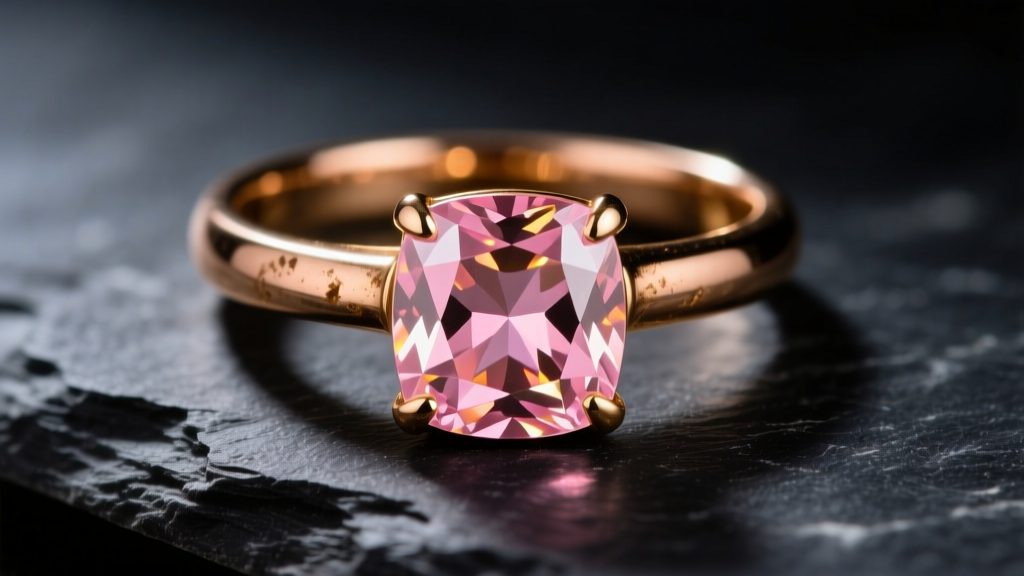 Close-up of a tarnished 18k rose gold ring with a cushion-cut morganite on dark slate under moody, directional studio lighting.