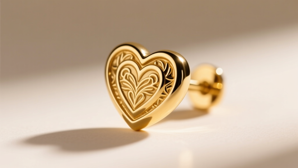 Extreme close-up of a gold heart stud's butterfly backing and a threaded screw-back, shown side-by-side on dark velvet cloth.