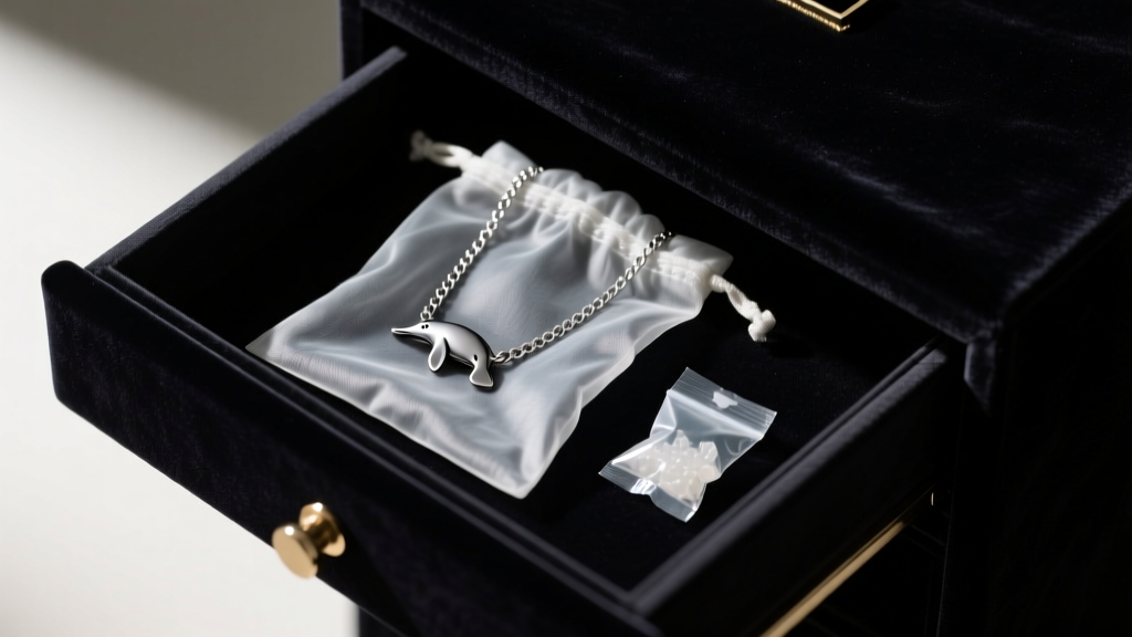 Anti-tarnish bag containing a manatee chain necklace, stored with a silica gel packet inside a dark velvet jewelry box drawer.