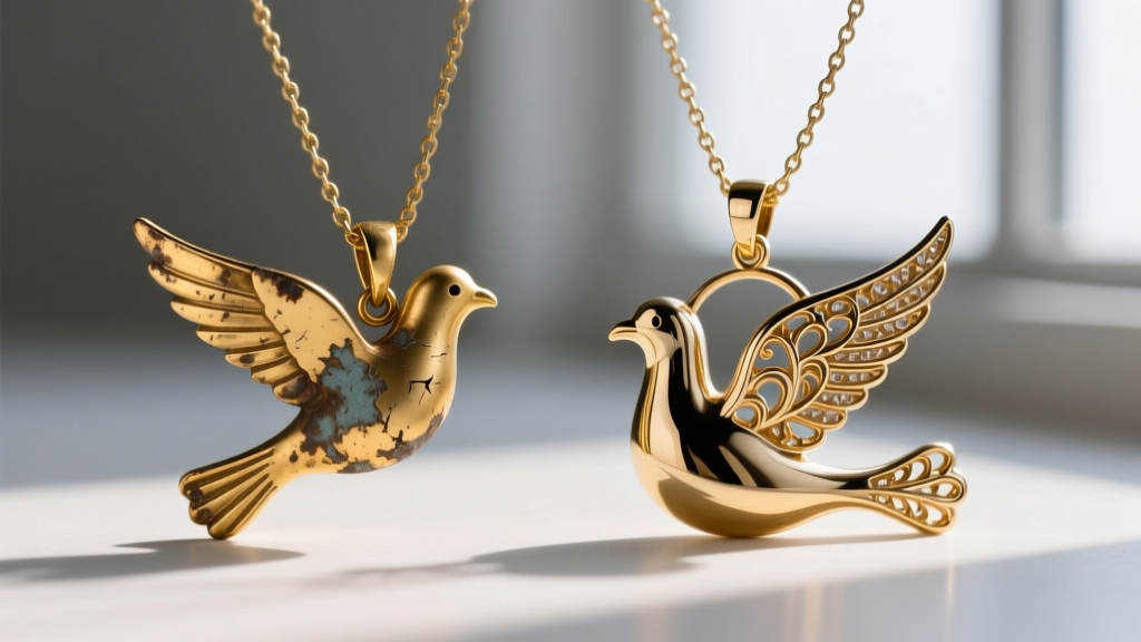 Close-up of a tarnished gold-plated dove necklace wingtip showing brass wear next to a fully restored heavy vermeil piece.