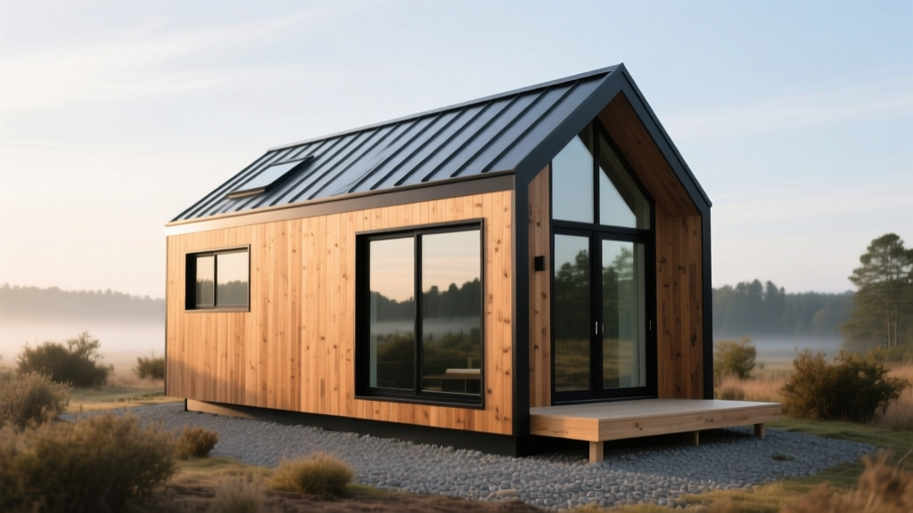 Modern 250-square-foot cedar-clad tiny house on a gravel pad with large black-framed windows and a standing seam metal roof