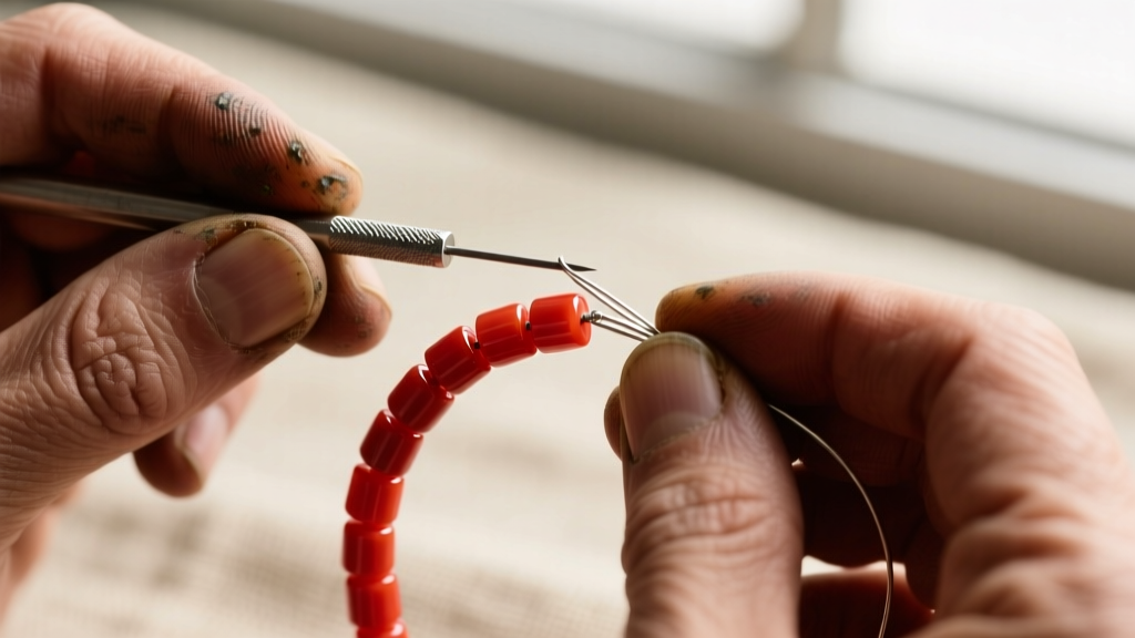Jeweler hands using a beading awl and 49-strand micro wire to restring a broken strand of small cylindrical red coral seed beads