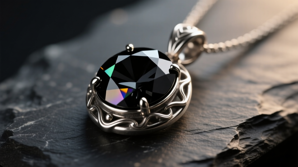 Macro shot of a faceted black tourmaline pendant in an oxidized sterling silver bezel on dark slate under moody lighting.