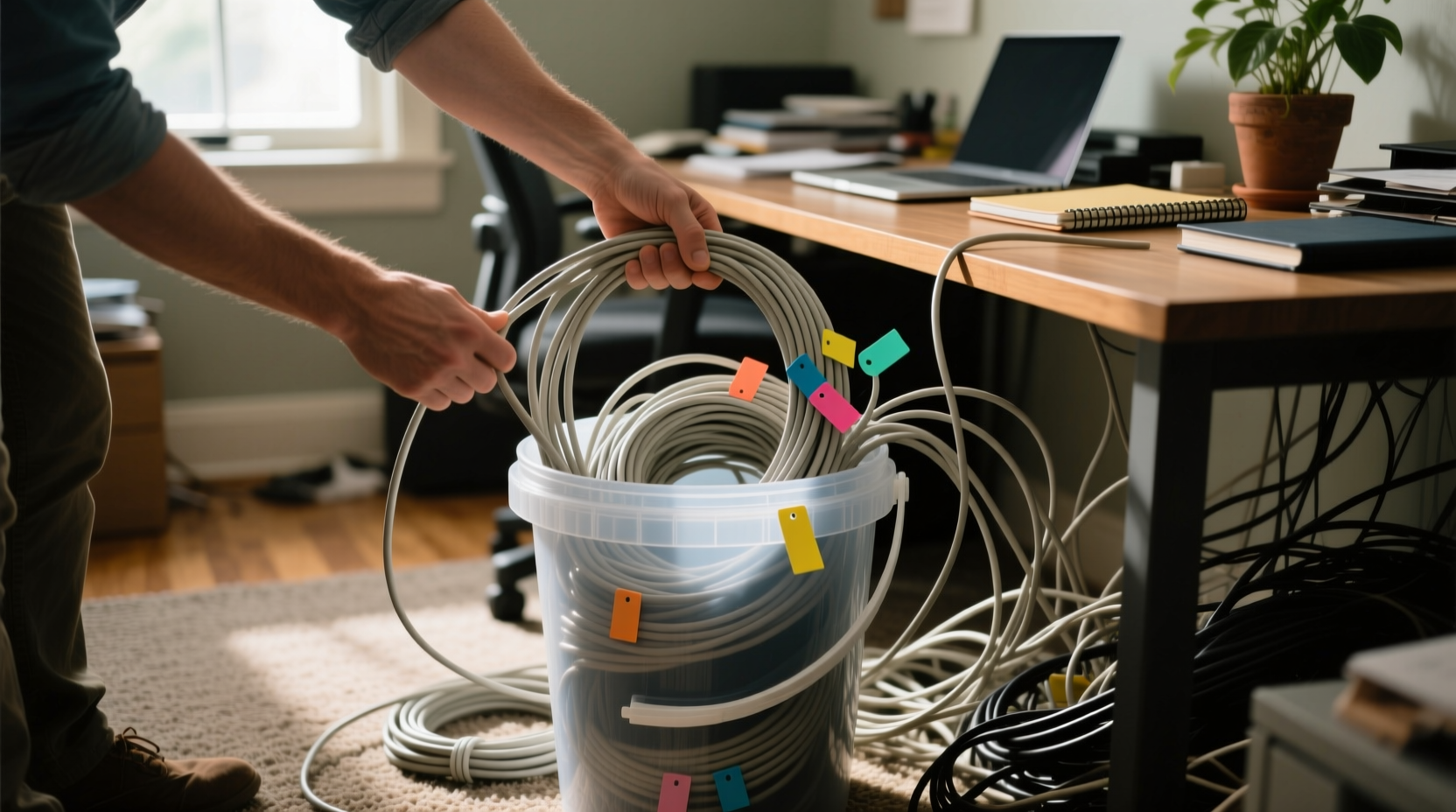 use a bucket to clean up cable clutter