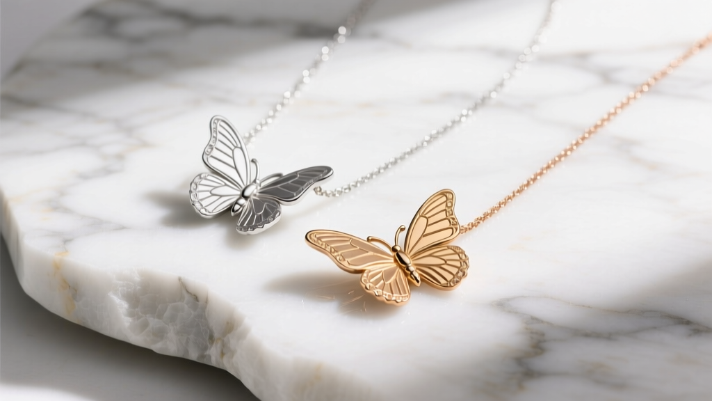 Sterling silver and 14k rose gold James Avery butterfly necklaces draped over raw white marble, emphasizing color contrast.