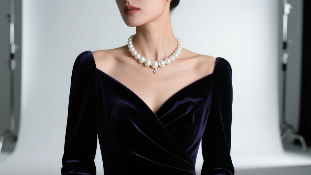 Woman in dark velvet gown wearing a single strand of large luminous white pearls against her collarbone in soft lighting