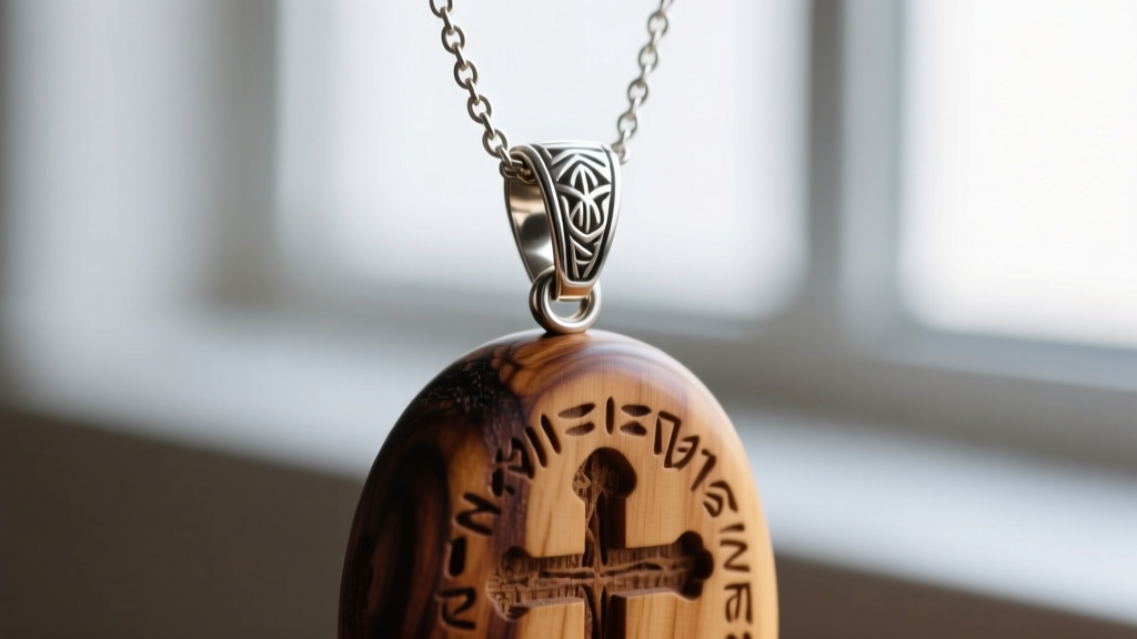 Macro shot of a sterling silver bail and thin chain attached to the top of a carved olive wood religious pendant.