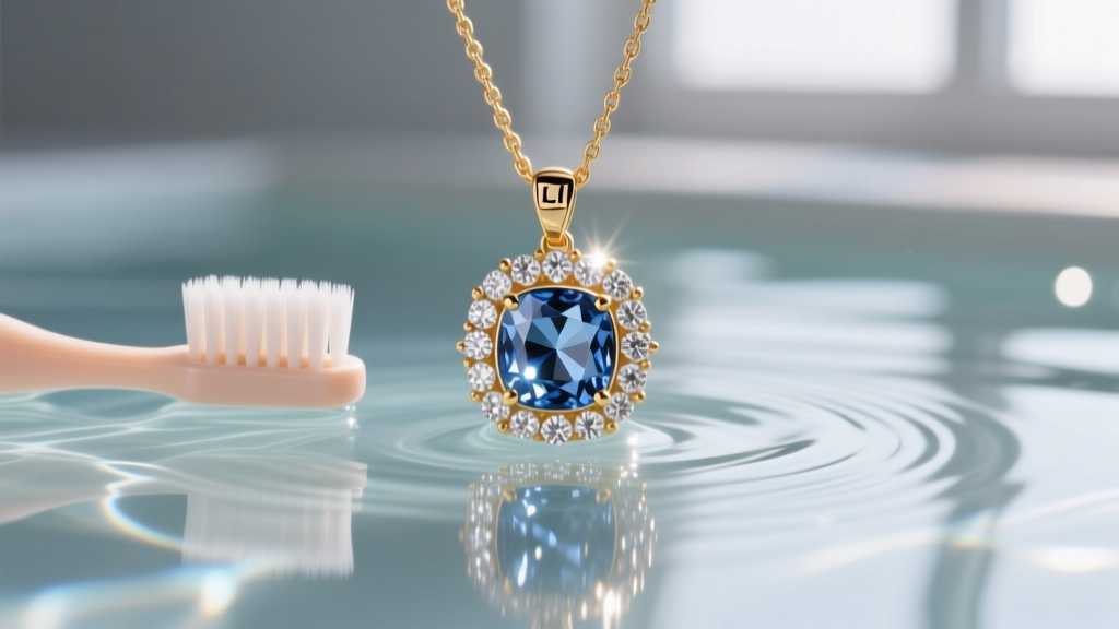 Soft baby toothbrush gently cleaning the pavé diamond setting of an LCI necklace pendant submerged in mild soapy water solution.