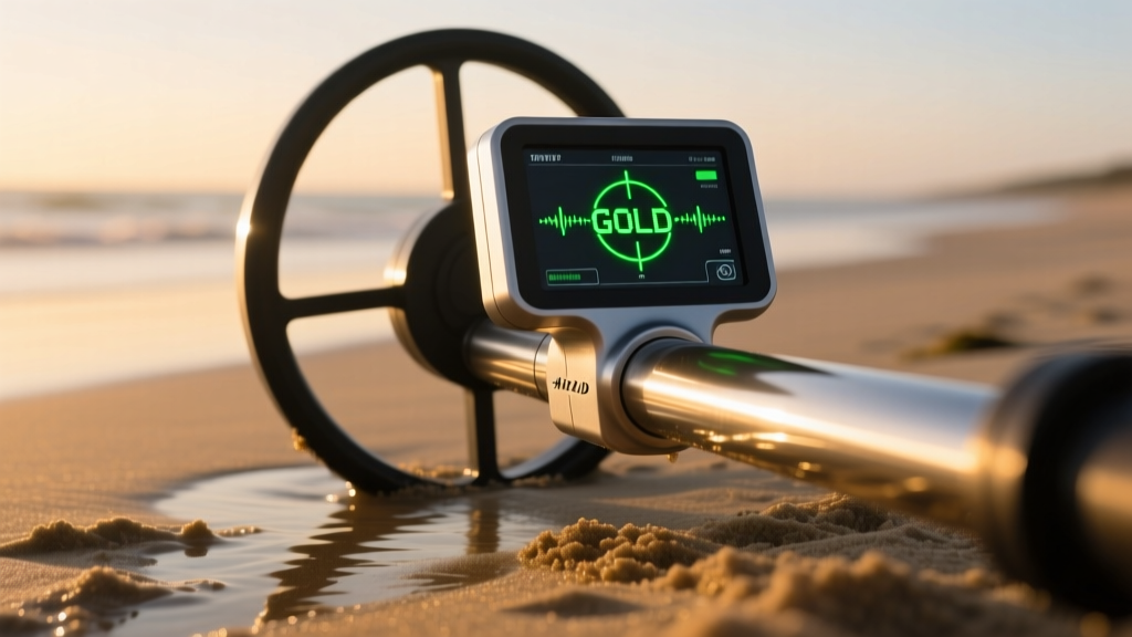 Close-up of a very low frequency metal detector coil scanning wet sand at dawn, with a digital display showing a gold target.