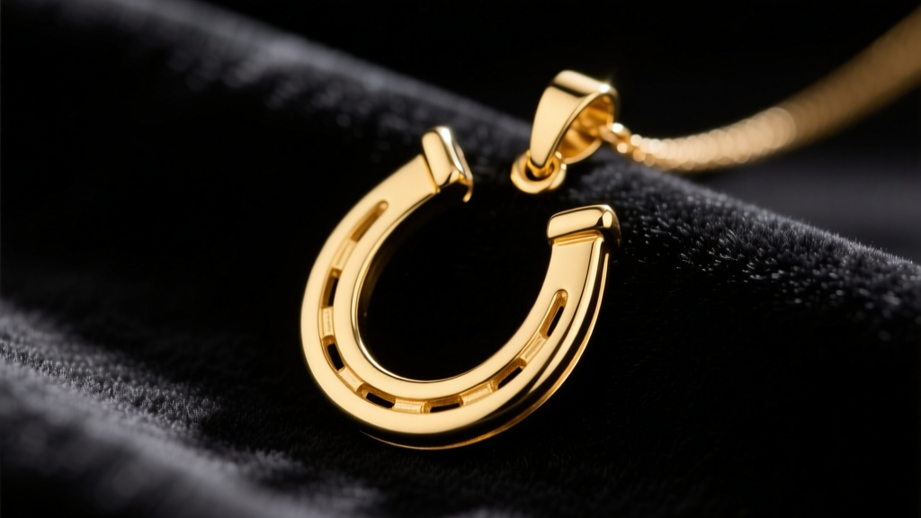 Close-up of a solid 14k yellow gold horseshoe pendant resting on a dark velvet surface, highlighting the polished texture and bail.