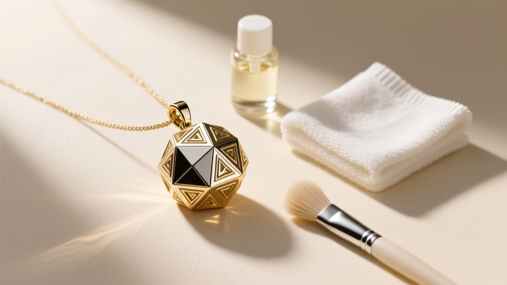 Flat lay of jewelry cleaning supplies including microfiber cloth, mild soap, and soft brush next to a metallic D20 style pendant