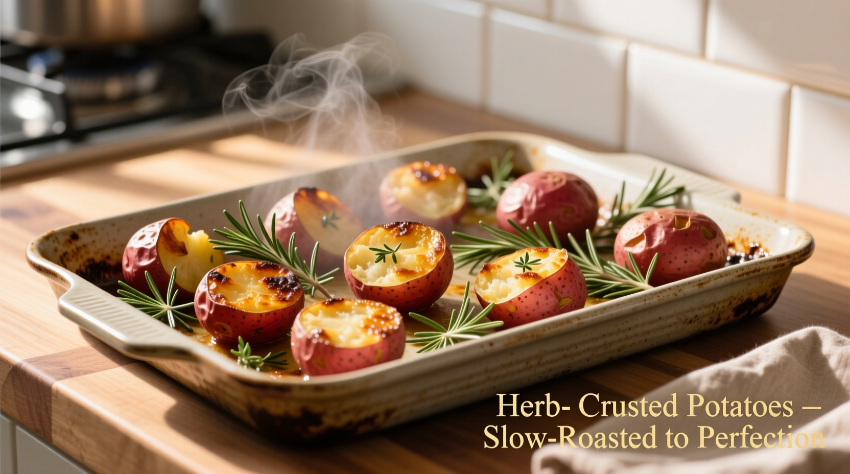Golden roasted red potatoes with herbs on baking sheet
