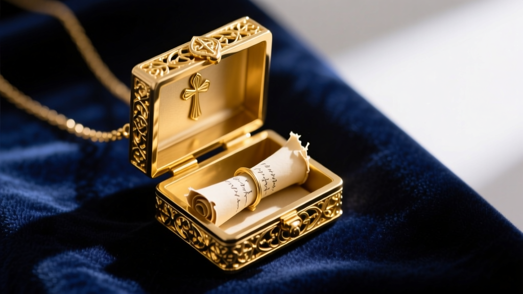 Open 14k solid gold prayer box necklace pendant revealing a tiny folded paper scroll inside, resting on dark navy velvet fabric.