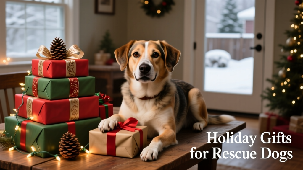 Happy rescue dog resting beside a stack of wrapped gifts and festive decor
