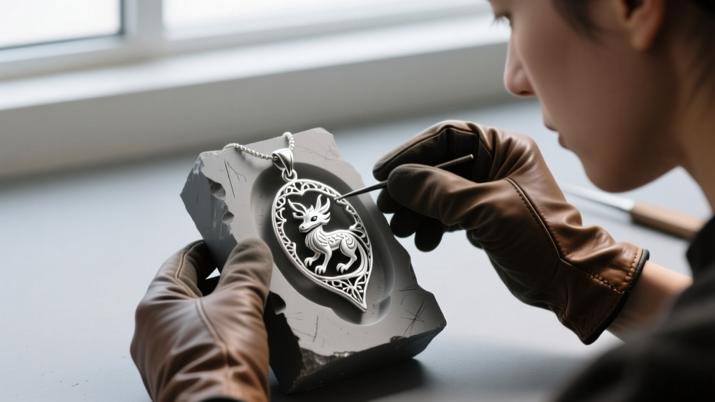 Jeweler inspecting a raw, unpolished 925 sterling silver character pendant casting from an investment mold under bright lighting.