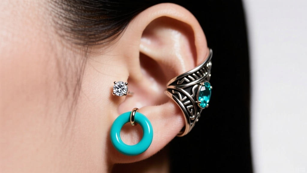 Close-up of a curated ear featuring a diamond lobe stud, turquoise cartilage hoop, and tribal ear cuff under soft studio lighting.