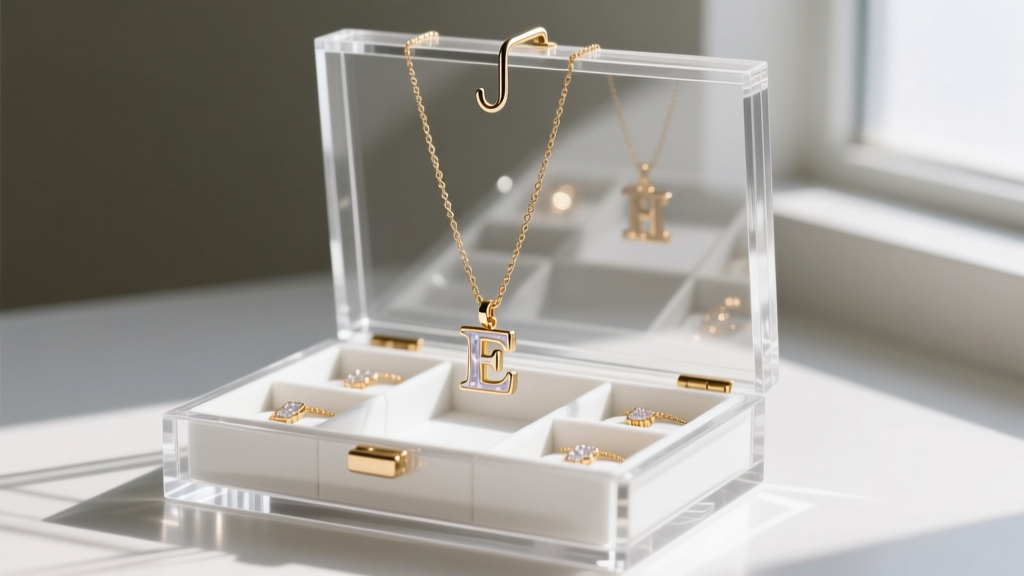 Acrylic jewelry box with compartments, showing a female sign necklace hung vertically on a hook to prevent delicate chain tangling.