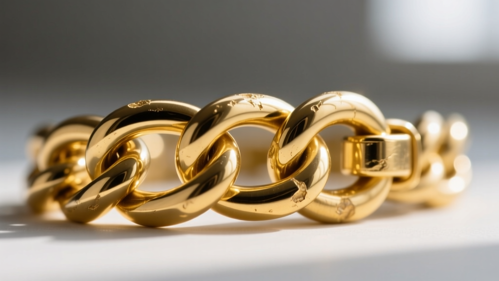 Macro shot of a gold chain clasp showing slight wear, revealing solid yellow gold beneath without any brass base showing through.