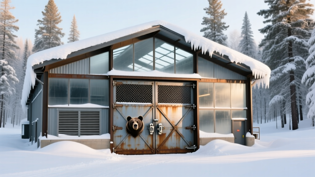 Steel-framed workshop in snowy Montana forest with heavy-duty bear-proof reinforced doors and secured ventilation grates