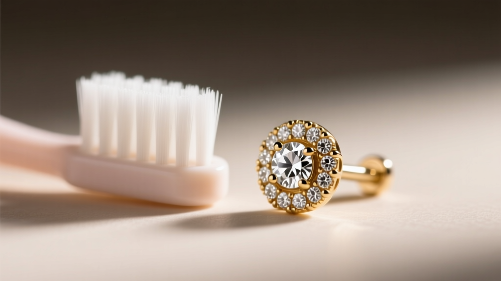 Macro shot of a soft baby toothbrush gently scrubbing intricate milgrain detailing on a 14k white gold diamond stud earring