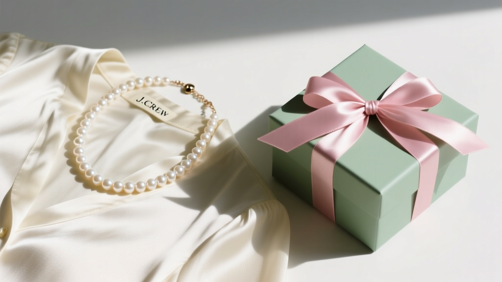 Elegant flat lay of a classic J.Crew glass pearl necklace resting on a silk blouse next to a wrapped gift box and ribbon