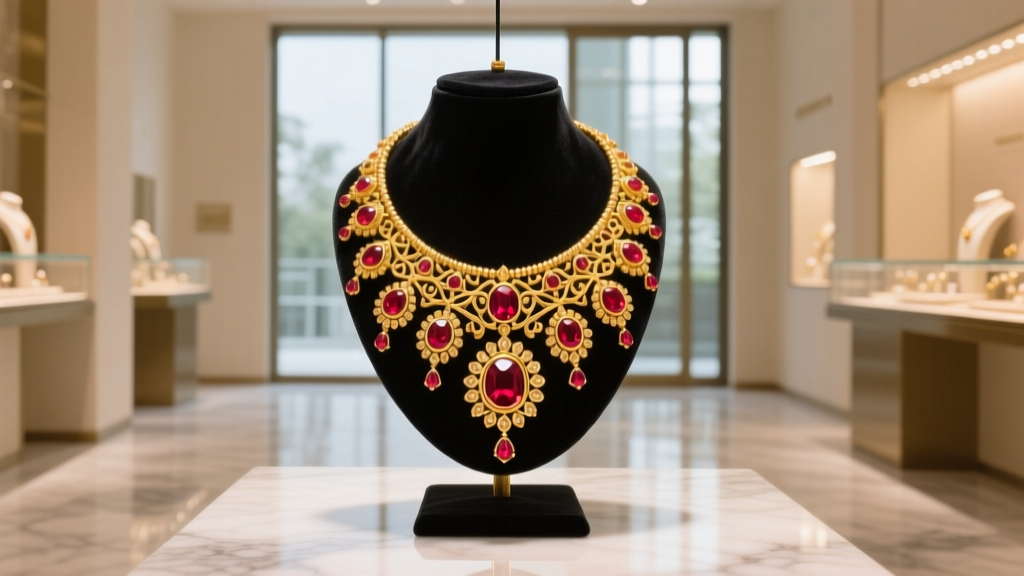 Elegant display of 22k yellow gold Indian temple necklace with ruby cabochons inside a well-lit, modern local jewelry boutique