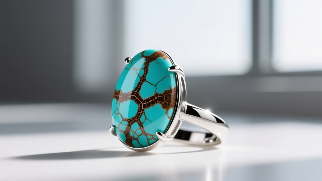 Macro shot of natural Kingman turquoise cabochon showing intricate brown matrix webbing next to a polished sterling silver bezel.