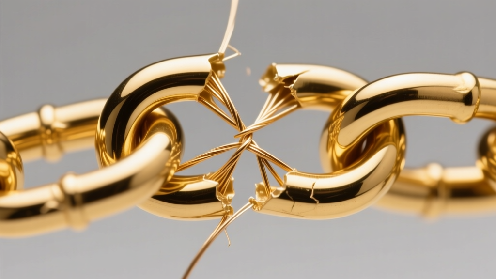 Macro shot of an unsoldered 18k gold cable chain link pulled apart to reveal the weak wire seam under bright studio lighting.