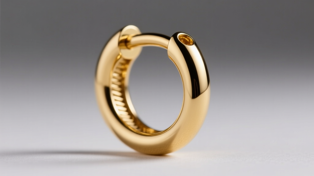 Macro shot highlighting the inner radius and threading of a 14-gauge gold curved barbell earring against a soft grey backdrop