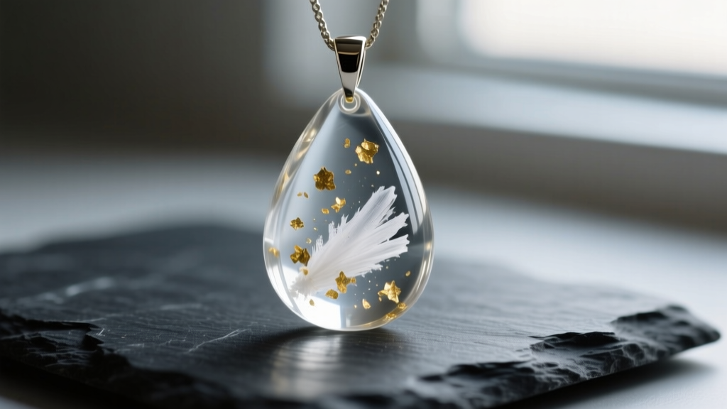 Macro shot of a polished teardrop resin pendant containing fine white cremation ashes and gold flakes, resting on dark slate