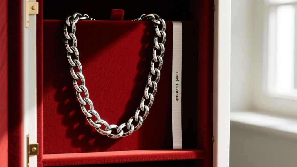 A heavy oxidized sterling silver chain necklace hanging inside a velvet-lined jewelry armoire next to an anti-tarnish strip