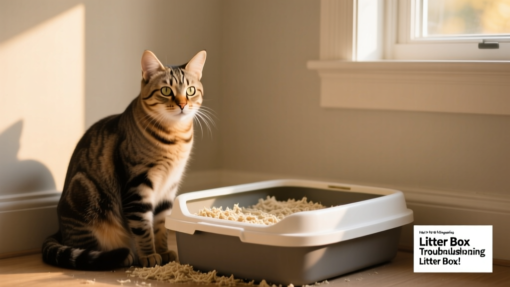 Cat sitting beside a clean, uncovered litter box with fresh litter