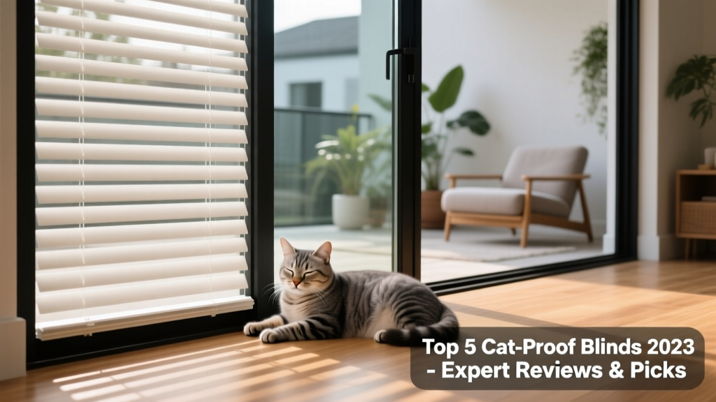 FurPetVo PVC vertical blinds covering a glass patio door, with soft light filtering through and a cat resting peacefully beside the frame