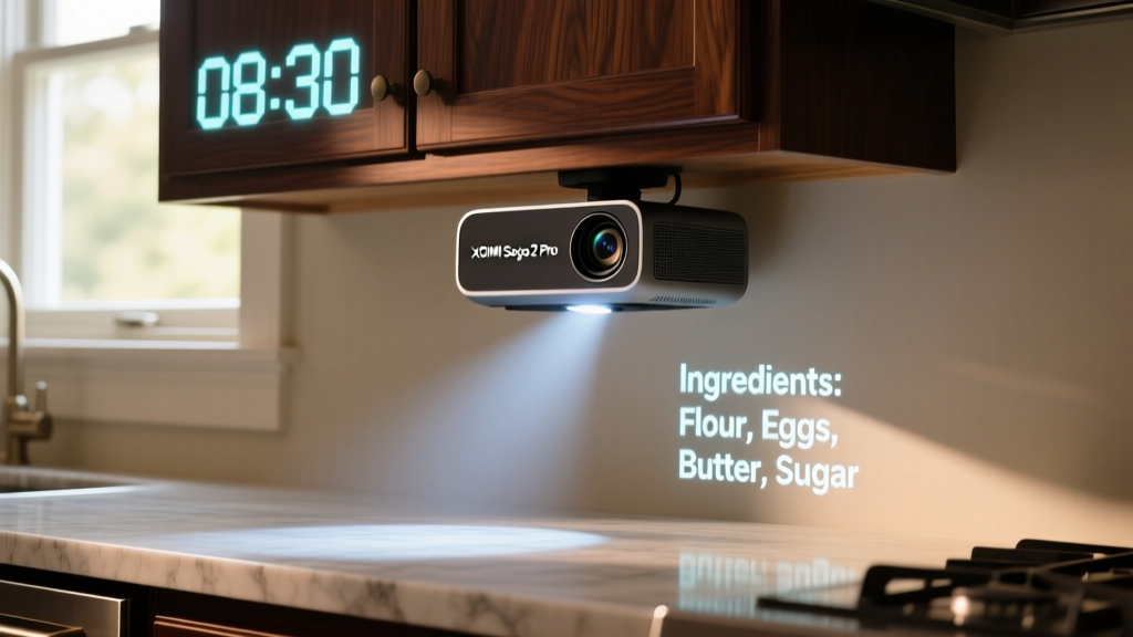 XGIMI MoGo 2 Pro portable projector mounted upside down under a dark walnut kitchen cabinet, projecting a digital timer and ingredient list onto the counter
