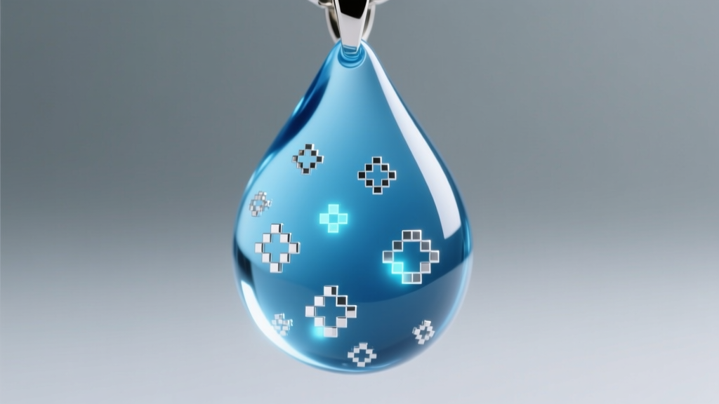 Macro shot of a blue resin water drop pendant showing small silver pixel-art bubbles suspended in the clear, polished surface.