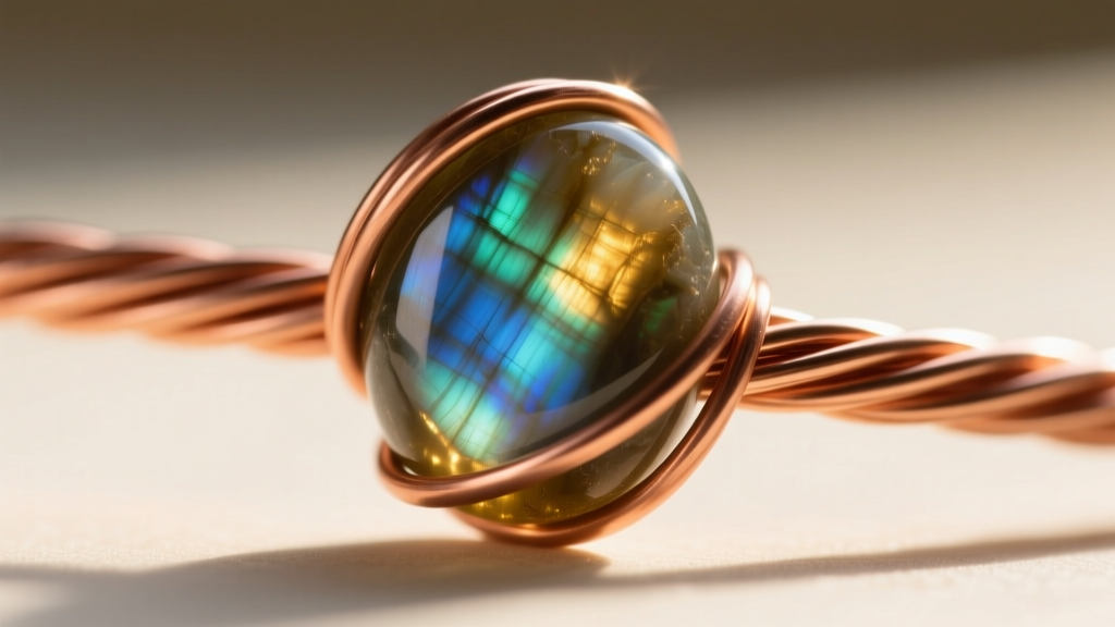 Macro shot of 22-gauge copper wire tightly wrapped around a raw labradorite cabochon, showing smooth wire surface in warm sunlight.