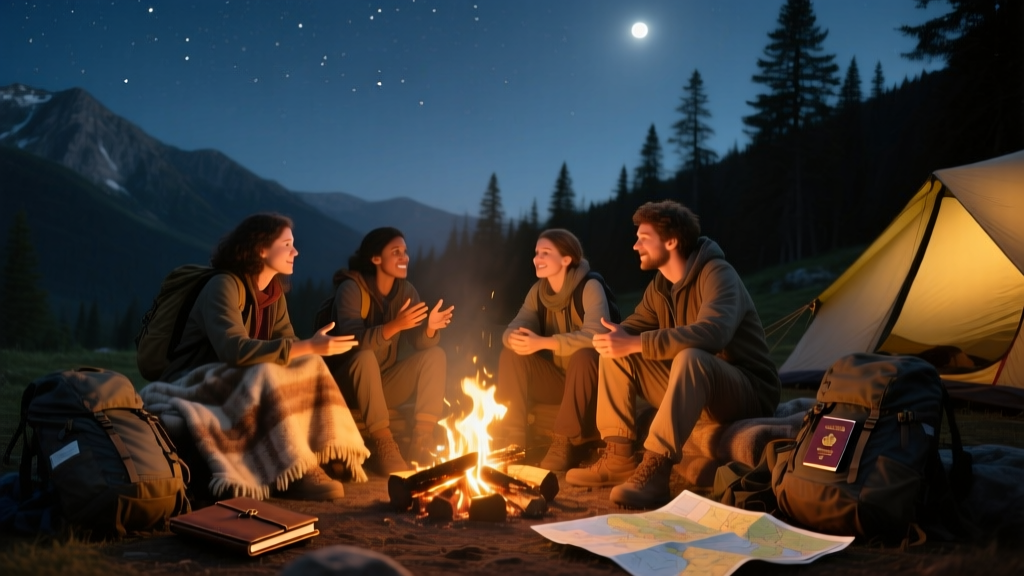 A group of friends and travelers sitting by a fire at night