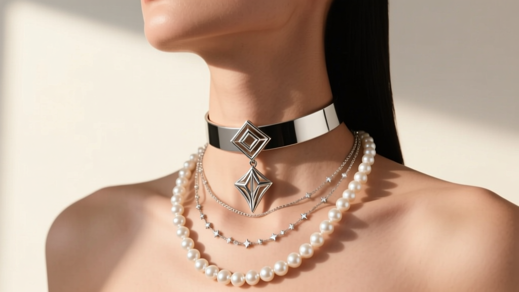 Model wearing a layered stack with a 14-inch box choker, the 18-inch Conan x Olivia pendant, and a 22-inch pearl satellite chain