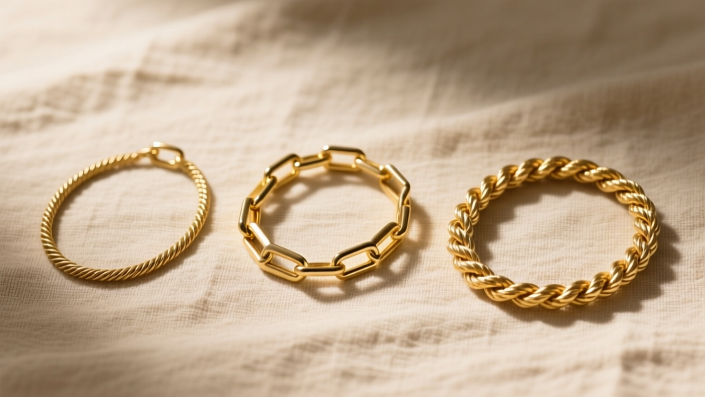 Flat lay of three gold chains: a 1mm cable, a 1.2mm box, and a 0.9mm rope chain on a textured beige linen fabric background